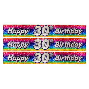 3x 2.6m Happy 30th Birthday Party Banner Pack - Rainbow (Shimmering Metallic Finish)