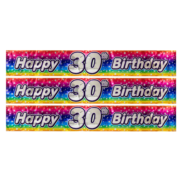 3x 2.6m Happy 30th Birthday Party Banner Pack - Rainbow (Shimmering Metallic Finish)