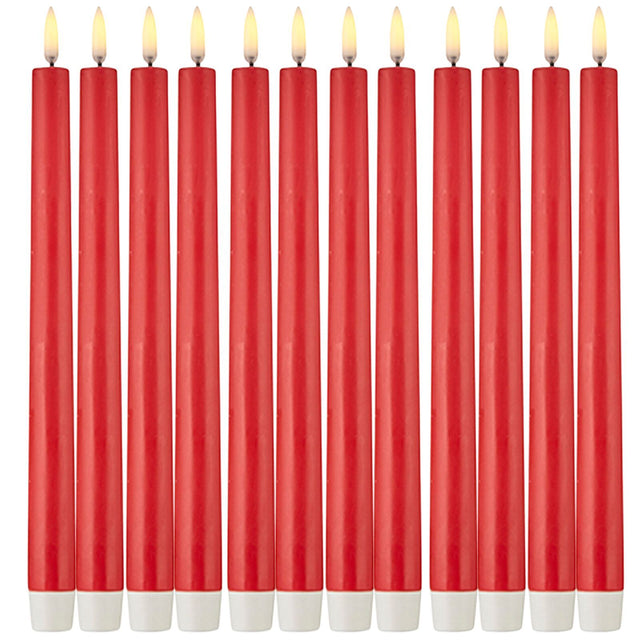 24x LED Flickering Flame Taper Candles Bulk Pack - Red (25cm Real Wax Tall Candle)