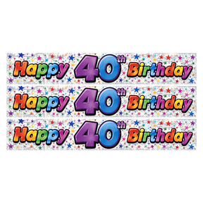3x 2.6m Happy 40th Birthday Party Banner Pack - Glitter Holographic Finish