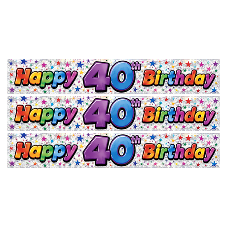 3x 2.6m Happy 40th Birthday Party Banner Pack - Glitter Holographic Finish