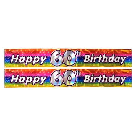 2x 2.6m Happy 60th Birthday Party Banner Pack - Rainbow (Shimmering Metallic Finish)
