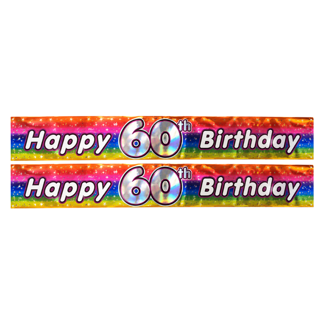 2x 2.6m Happy 60th Birthday Party Banner Pack - Rainbow (Shimmering Metallic Finish)