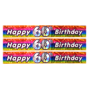 3x 2.6m Happy 60th Birthday Party Banner Pack - Rainbow (Shimmering Metallic Finish)