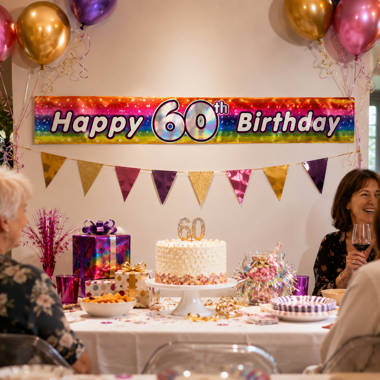2.6m Happy 60th Birthday Party Banner - Rainbow (Shimmering Metallic Finish)