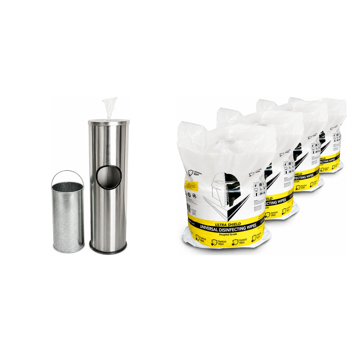 2-in-1 Stainless Steel Wipes Dispenser & Bin w/ 3200x Disinfecting Wipes - Hospital Grade (Gym/Office)