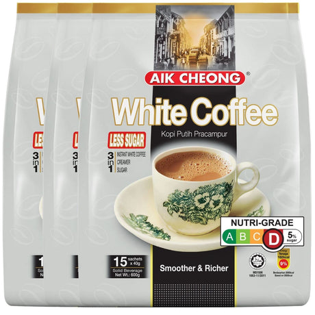 3x Aik Cheong White Instant Coffee Packs (45x 40g Sachets) - Less Sugar (1.8kg Total) Bulk