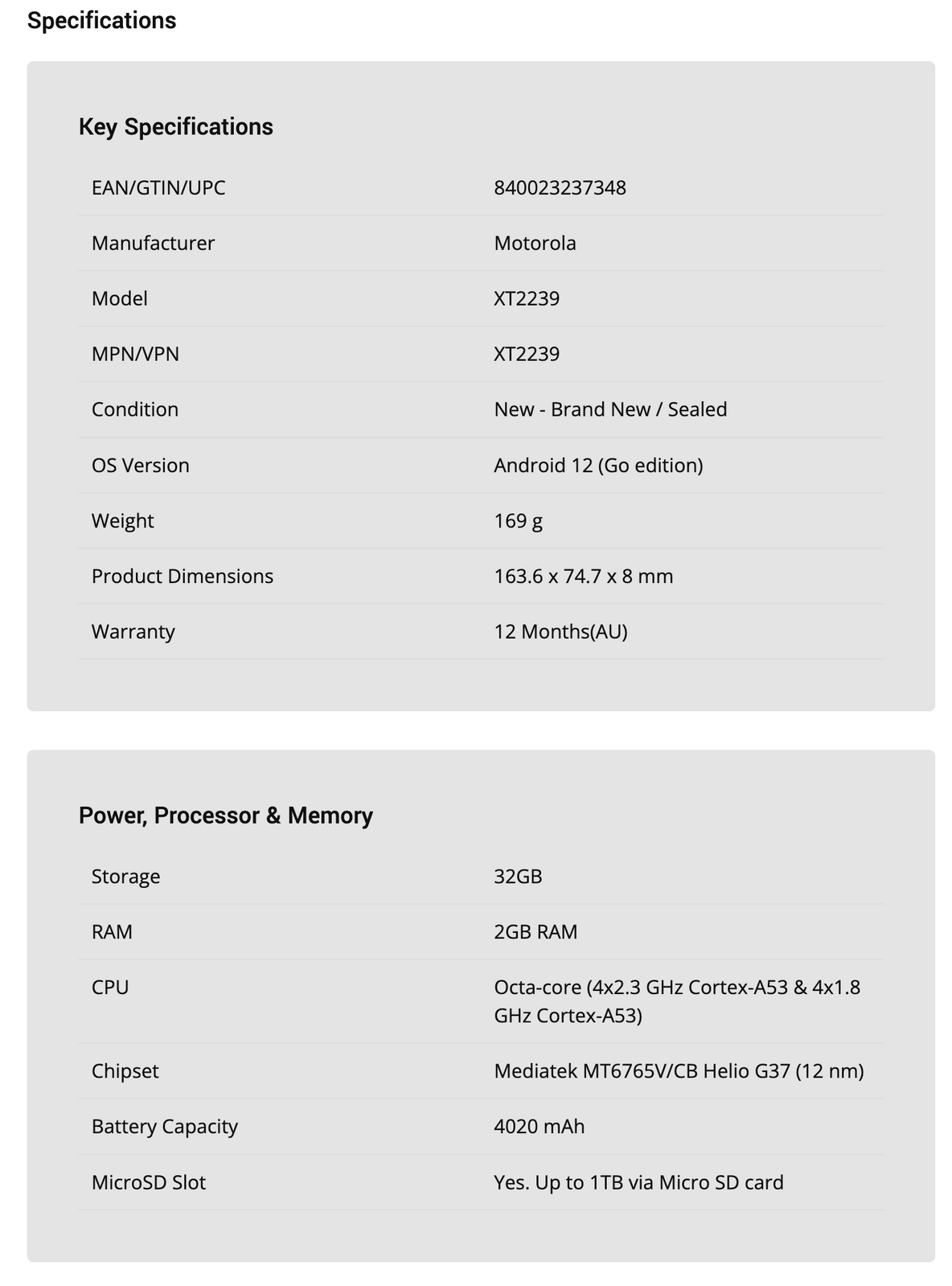 Motorola E22i Moto Mobile Smart Phone ( 32GB/2GB, XT2239) - Graphite Grey