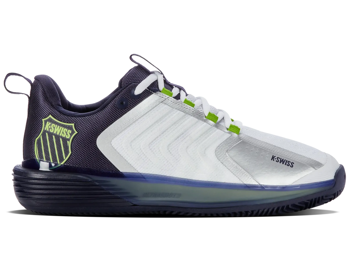 K-Swiss Mens Ultrashot 3 Clay Court Tennis Shoes in White/Peacot/Lime