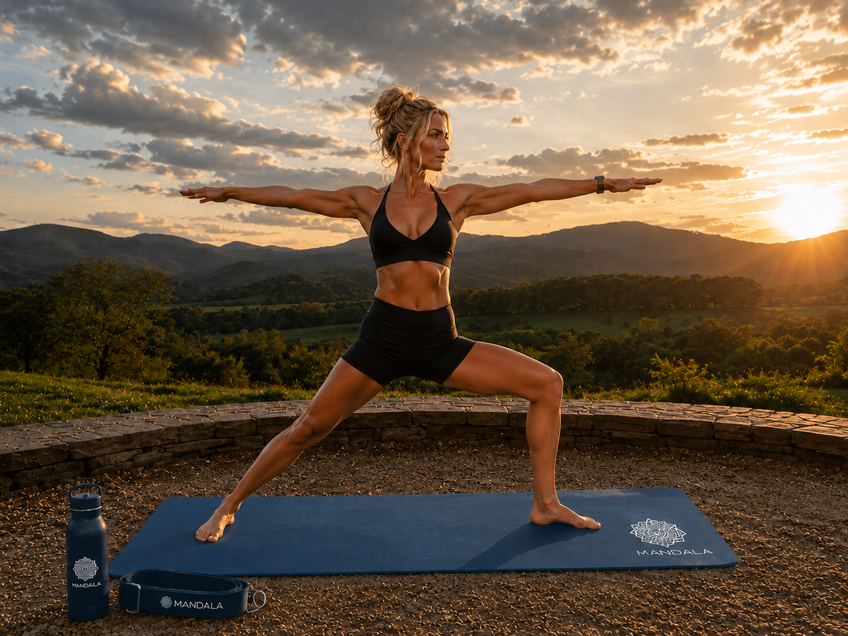 Mandala Premium Yoga Mat Set - Midnight Blue (5mm Vegan Suede Mat, Adjustable Strap & Stainless Steel Water Bottle)