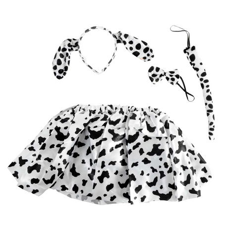 4pcs Girls Dalmatian Dog Set - Tutu Skirt, Headband, Bow Tie & Tail (Kids Animal Costume for Halloween/Fancy Dress)