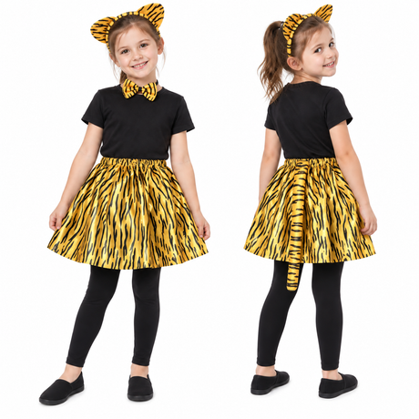 6x 4pcs Girls Tiger Set Bulk Pack - Tutu Skirt, Headband, Bow Tie & Tail (Kids Animal Costume for Halloween/Fancy Dress)