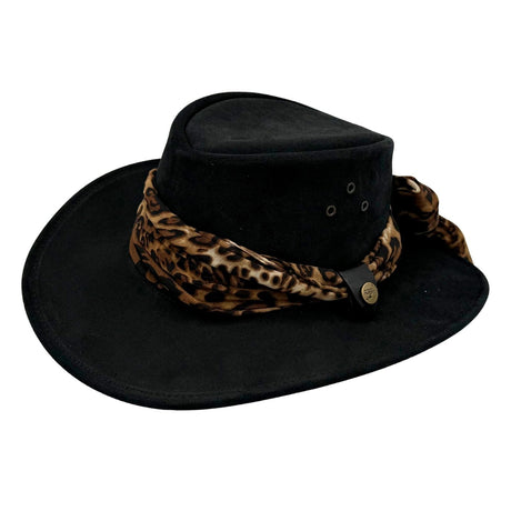 Jacaru 1020 Jillaroo Womens Suede Leather Hat - Chiffon Scarf Water Resistant & UPF 50+ (Made in Australia) - Black