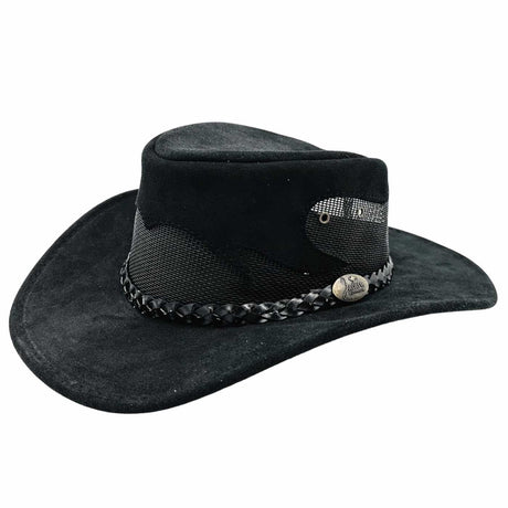 Jacaru 1021 Blaze Suede Leather Breeze Hat - Mesh Crown (Made in Australia) - Black