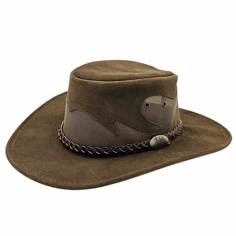 Jacaru 1021 Blaze Suede Leather Breeze Hat - Mesh Crown (Made in Australia) - Brown
