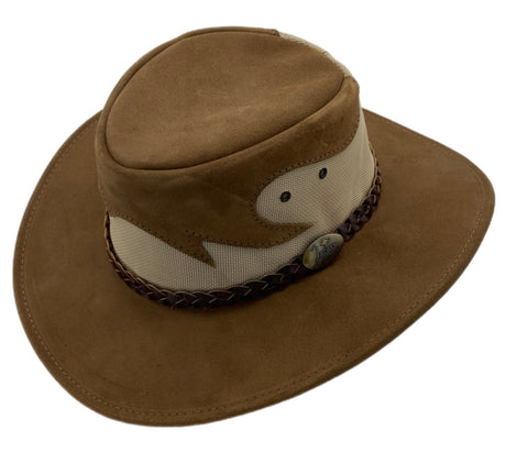 Jacaru 1021 Blaze Suede Leather Breeze Hat - Mesh Crown (Made in Australia) - Mushroom