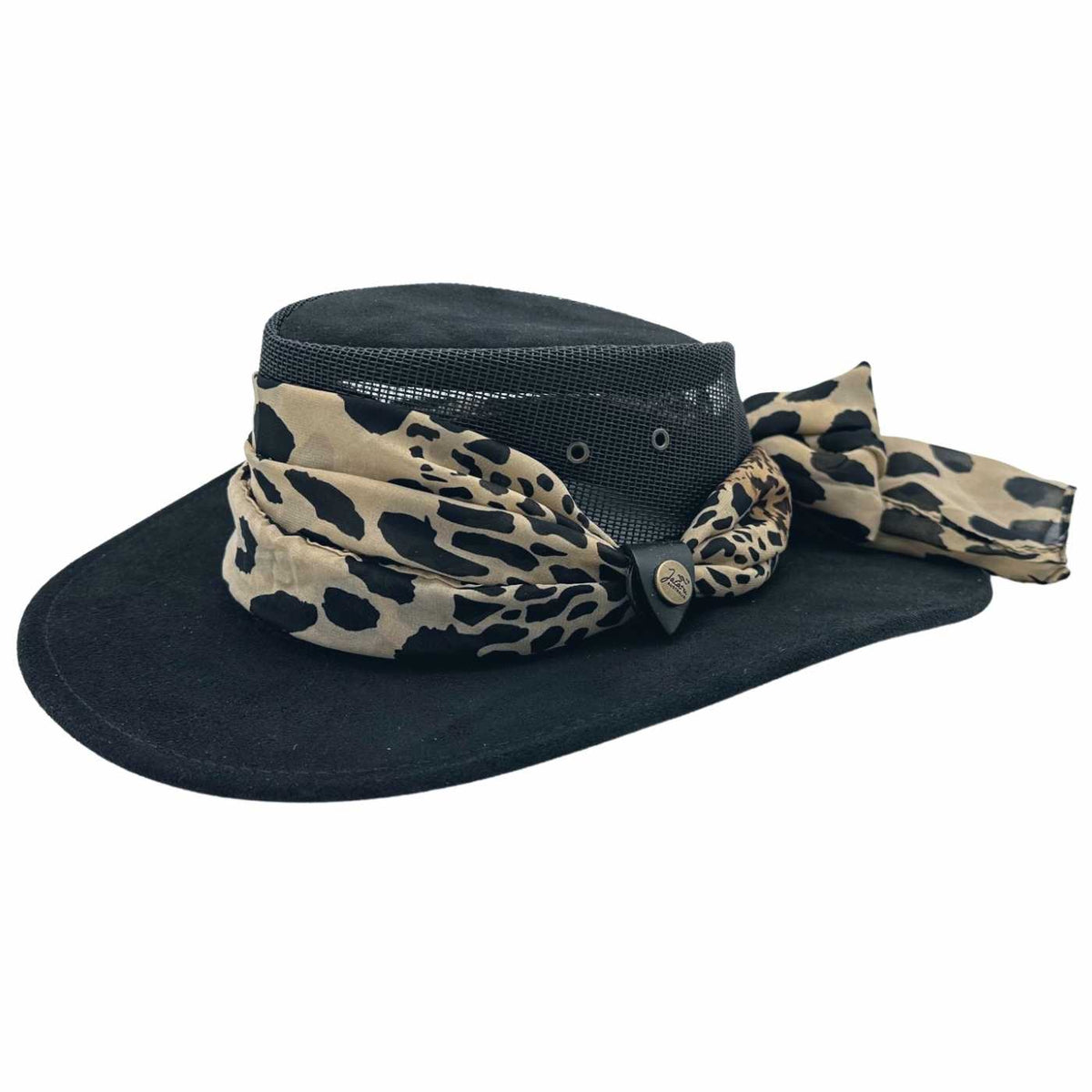 Jacaru 1022 Shady Lady Womens Suede Leather Breeze Hat - Mesh Crown & Chiffon Scarf (Made in Australia)