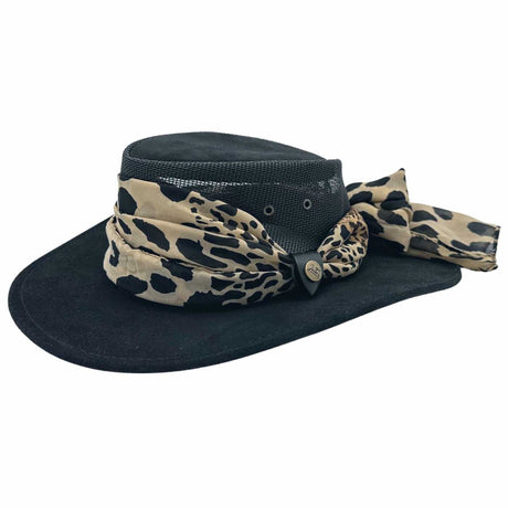 Jacaru 1022 Shady Lady Womens Suede Leather Breeze Hat - Mesh Crown & Chiffon Scarf (Made in Australia) - Black