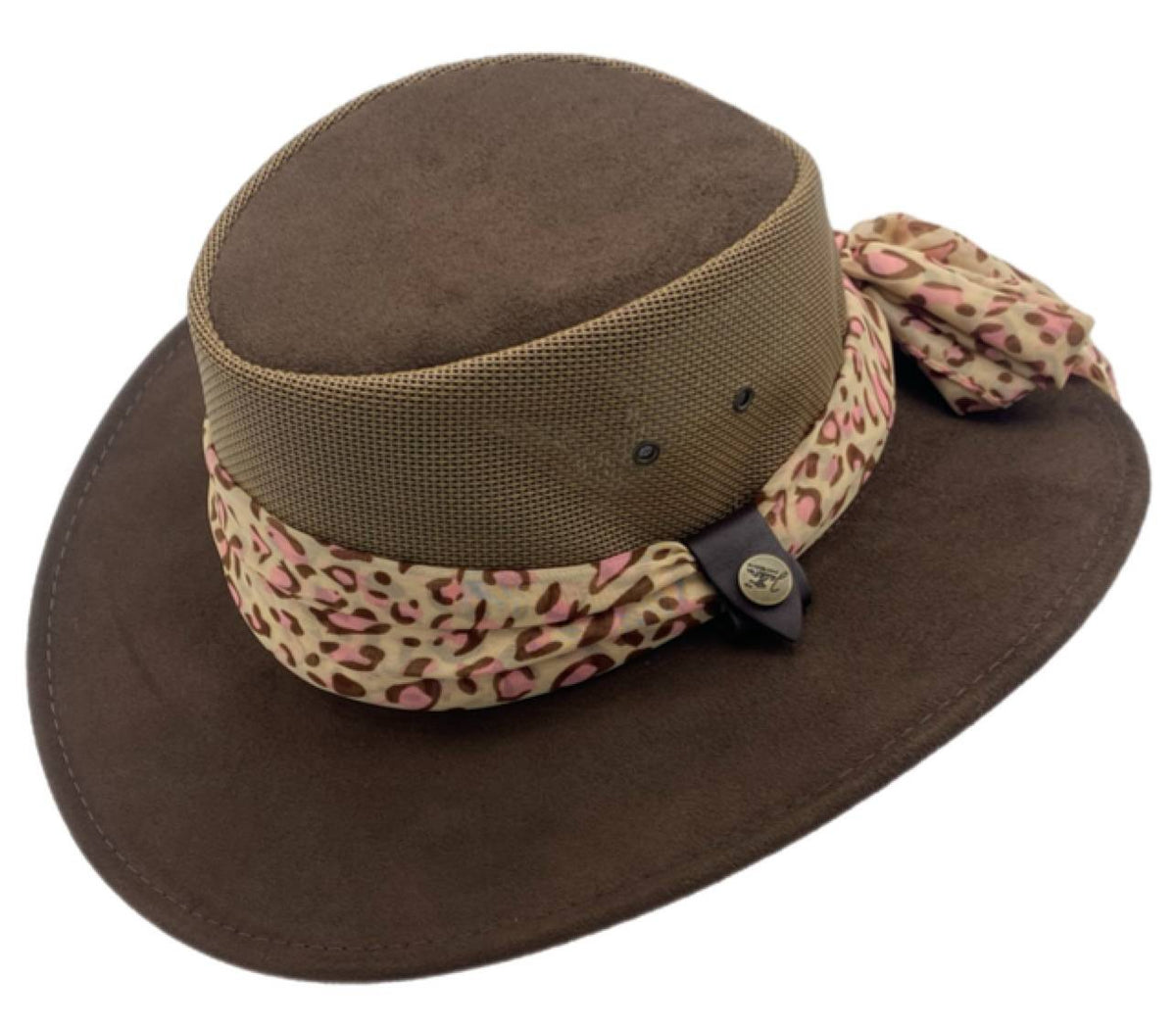 Jacaru 1022 Shady Lady Womens Suede Leather Breeze Hat - Mesh Crown & Chiffon Scarf (Made in Australia)
