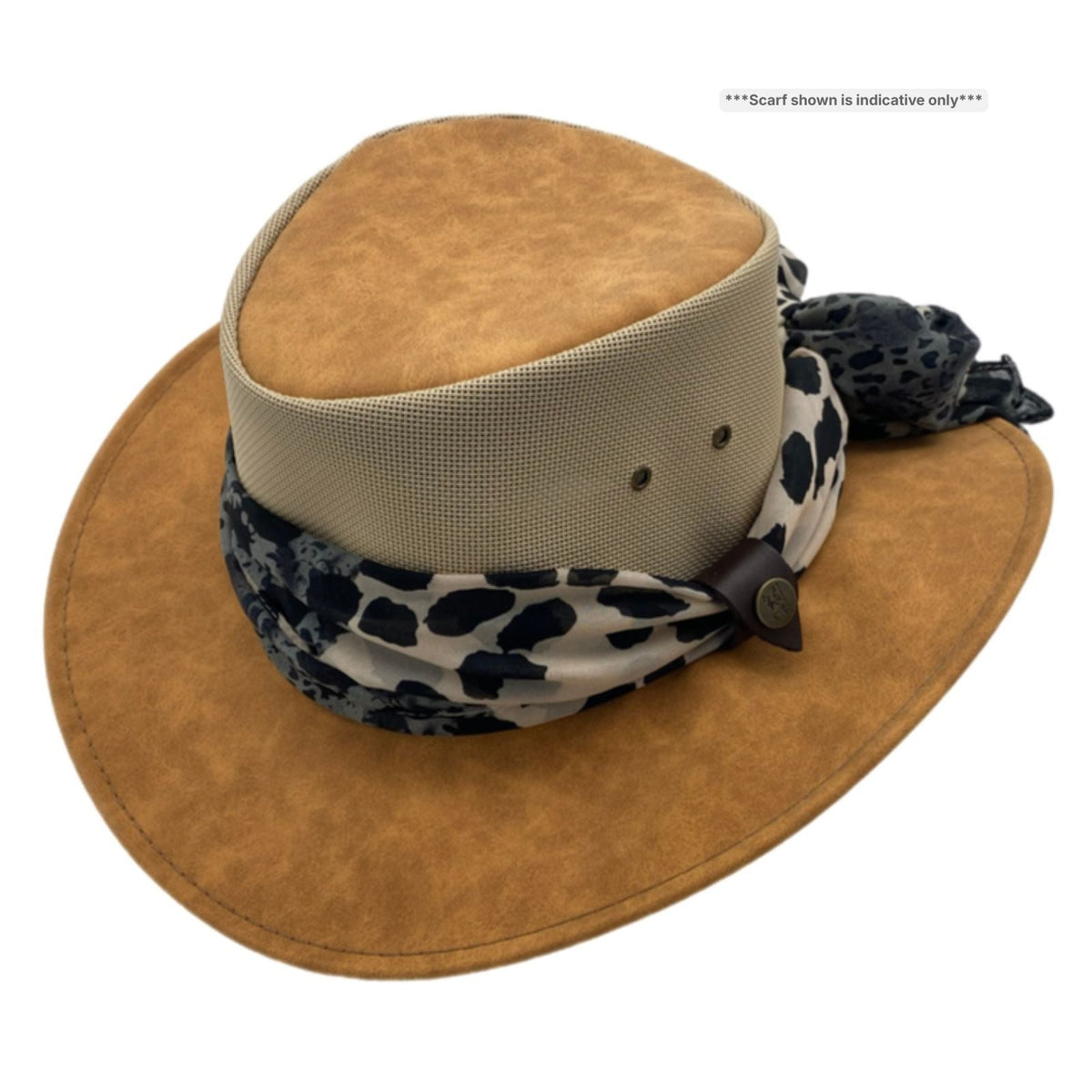 Jacaru 1023 Horizon Womens Vegan Leather Breeze Hat with Scarf - Mesh Crown (Made in Australia)