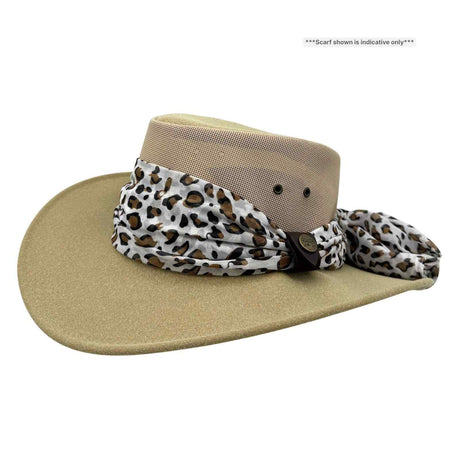 Jacaru 1023 Horizon Womens Vegan Leather Breeze Hat with Scarf - Mesh Crown (Made in Australia) - Sand