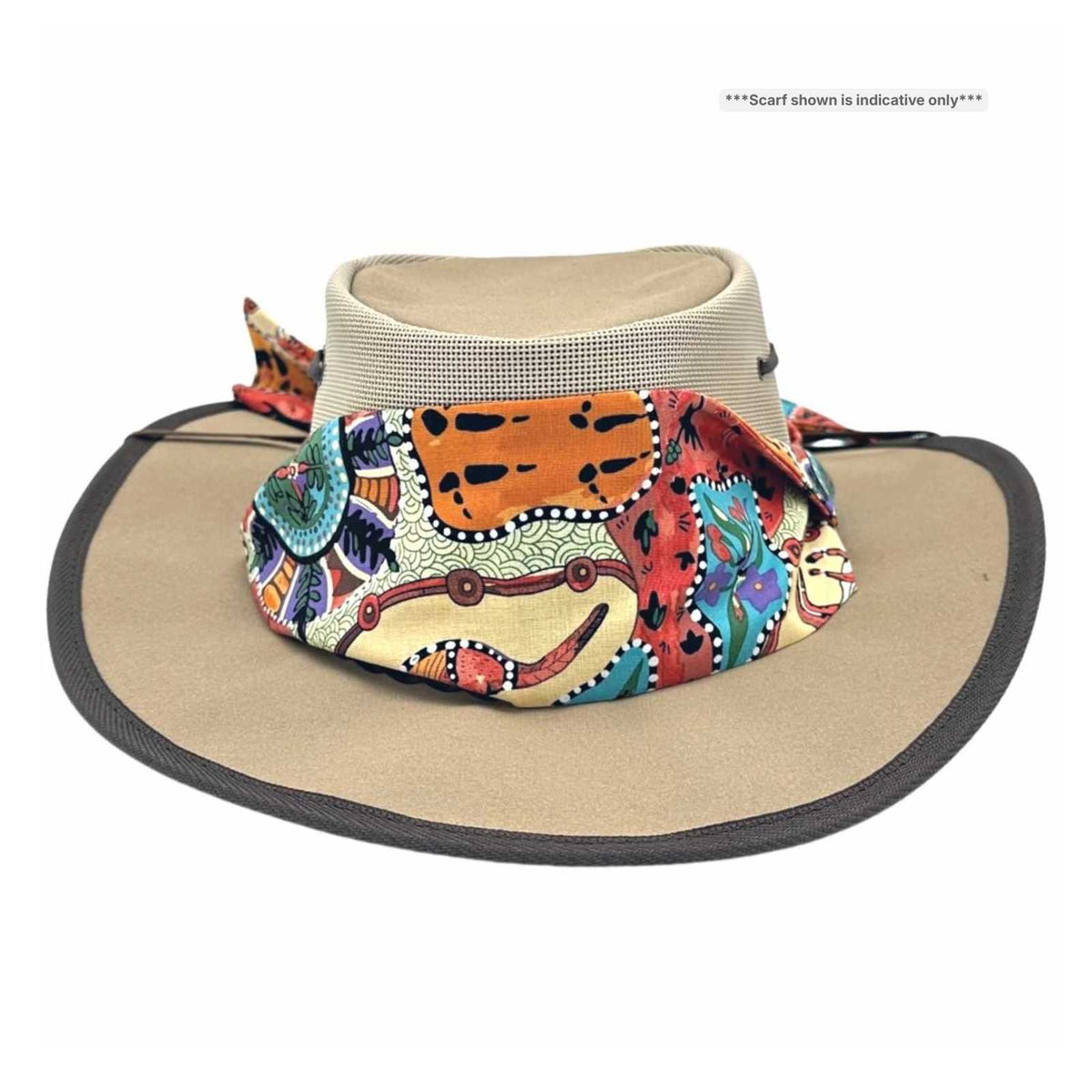 Jacaru 104A Womens Camper Canvas Breeze Hat - Mesh Crown Chin Strap & Aboriginal Print Scarf (Made in Australia)