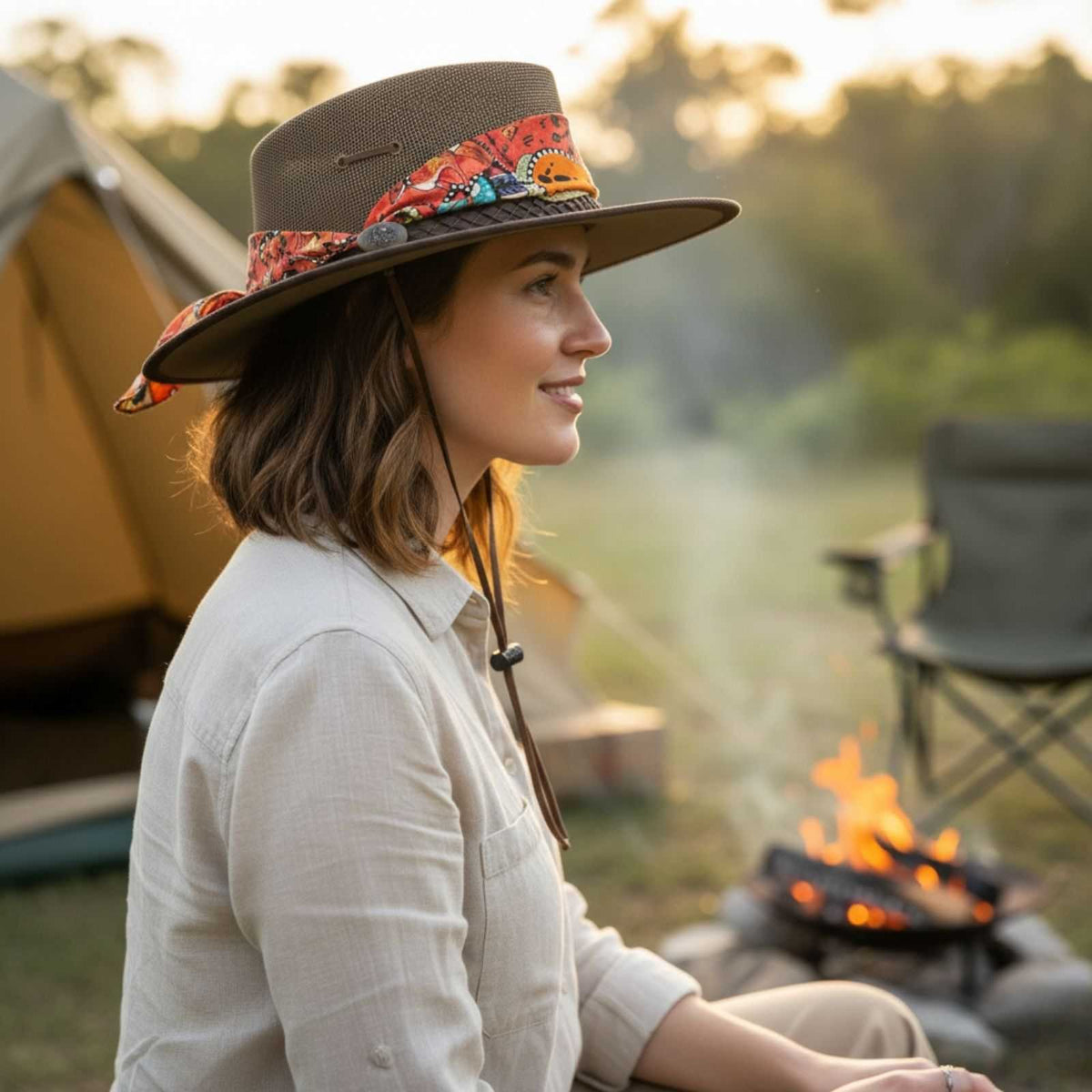 Jacaru 104A Womens Camper Canvas Breeze Hat - Mesh Crown Chin Strap & Aboriginal Print Scarf (Made in Australia)