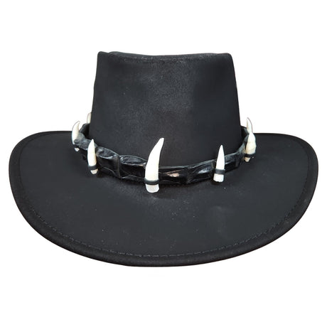 Jacaru 1058 Wallaroo Bovine Leather Hat - Real Crocodile Hatband & Teeth (Made in Australia) - Black