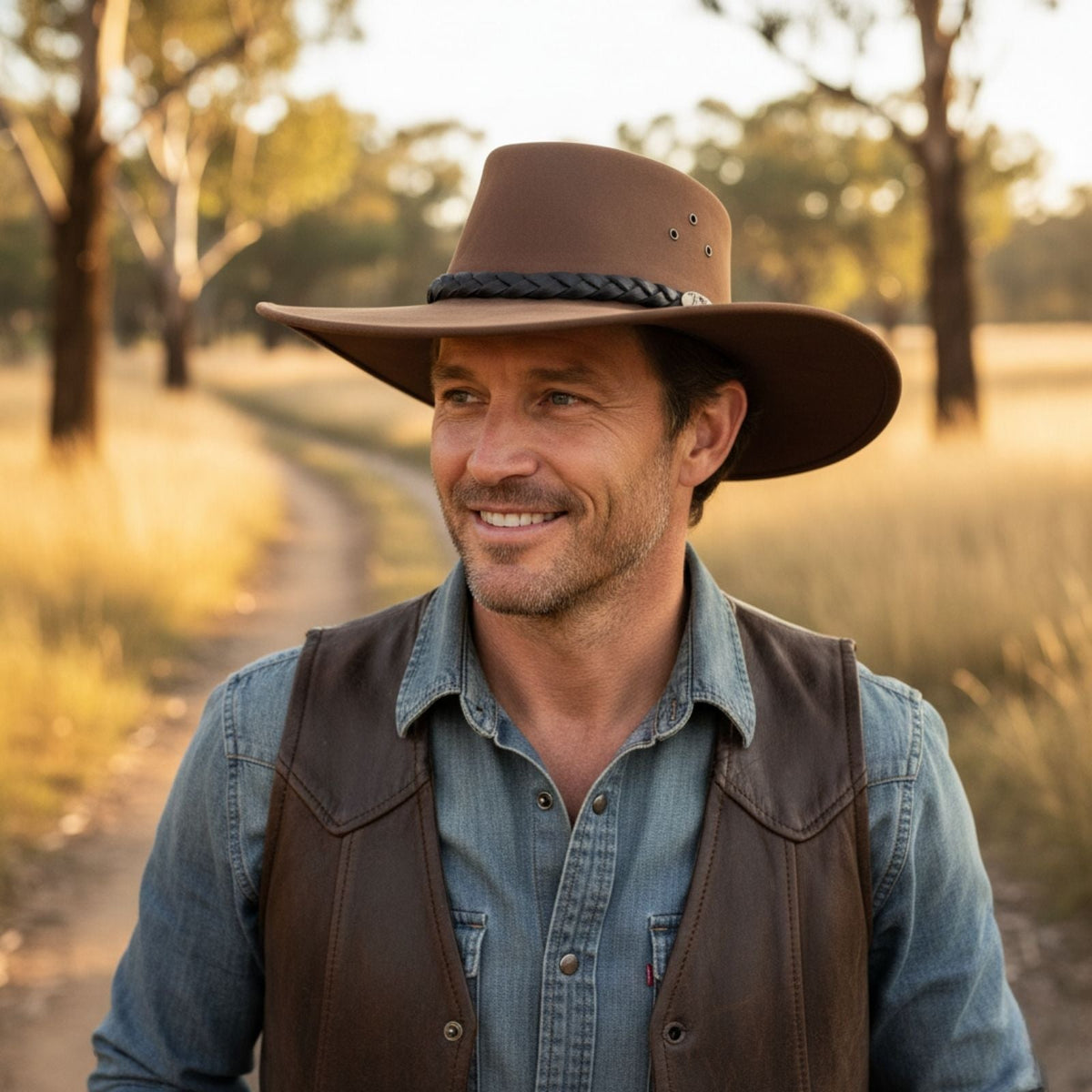 Jacaru 1059 Jabiru Nubuck Leather Extra Wide Brim Hat - Brown (Water Resistant & UPF 50+ Made in Australia)