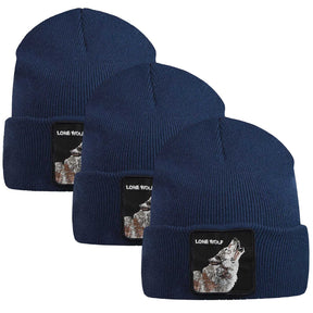 3x Goorin Bros Lone Wolf Beanie - Navy (Warm Winter Ski Hat - Animal Series)