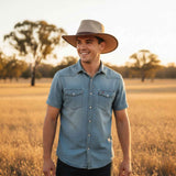 Jacaru 1081 Safari Unisex Buffalo Leather Breeze Hat - Mushroom (Mesh Crown Water Resistant & UPF 50+ Made in Australia)