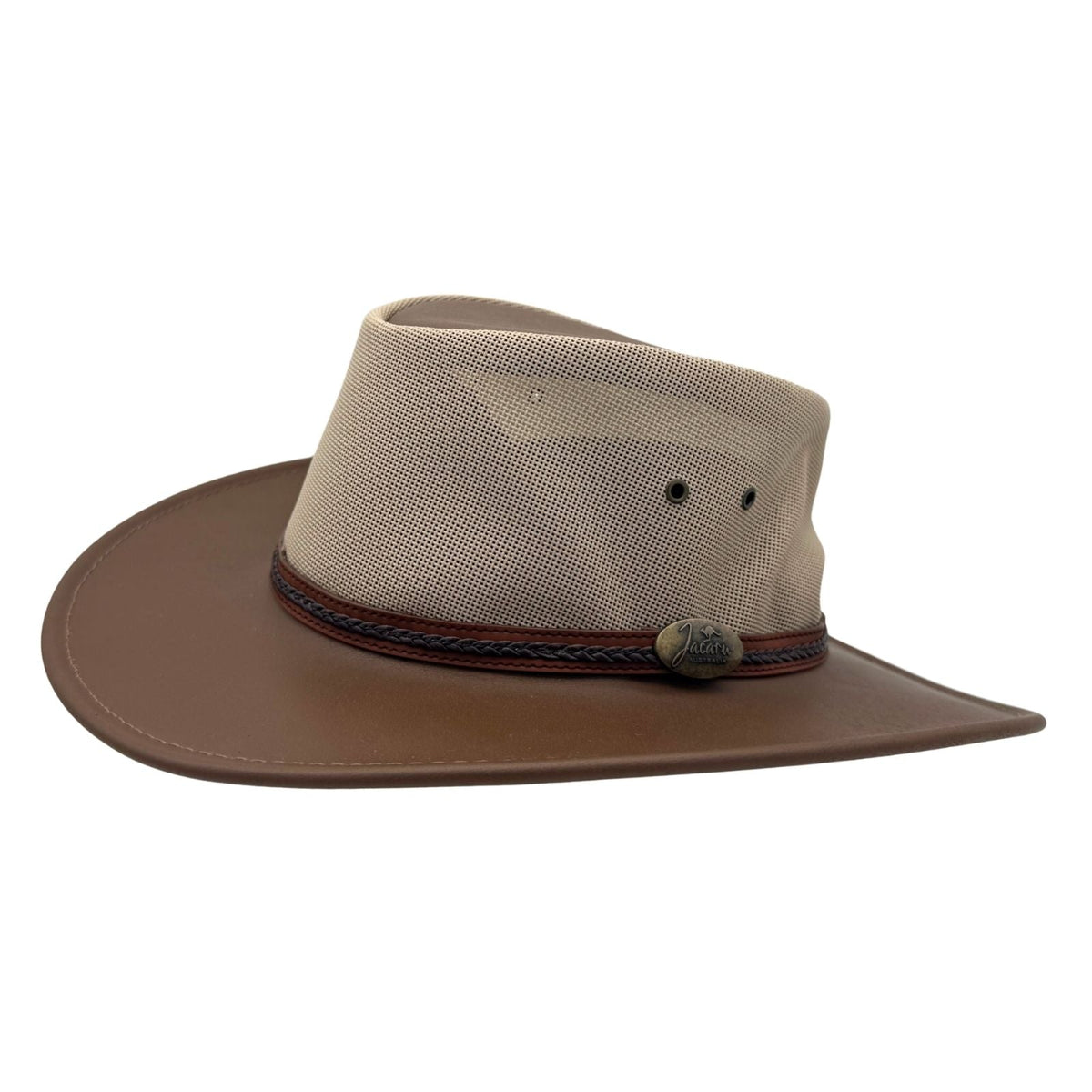 Jacaru 1081 Safari Unisex Buffalo Leather Breeze Hat - Mushroom (Mesh Crown Water Resistant & UPF 50+ Made in Australia)