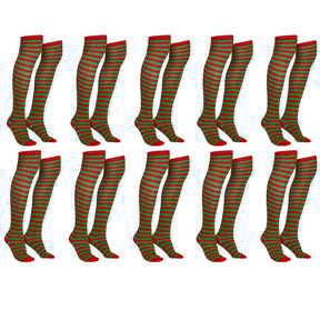 10x Christmas Over the Knee Socks Bulk Pack - Red & Green Candy Cane Striped (Xmas Party)