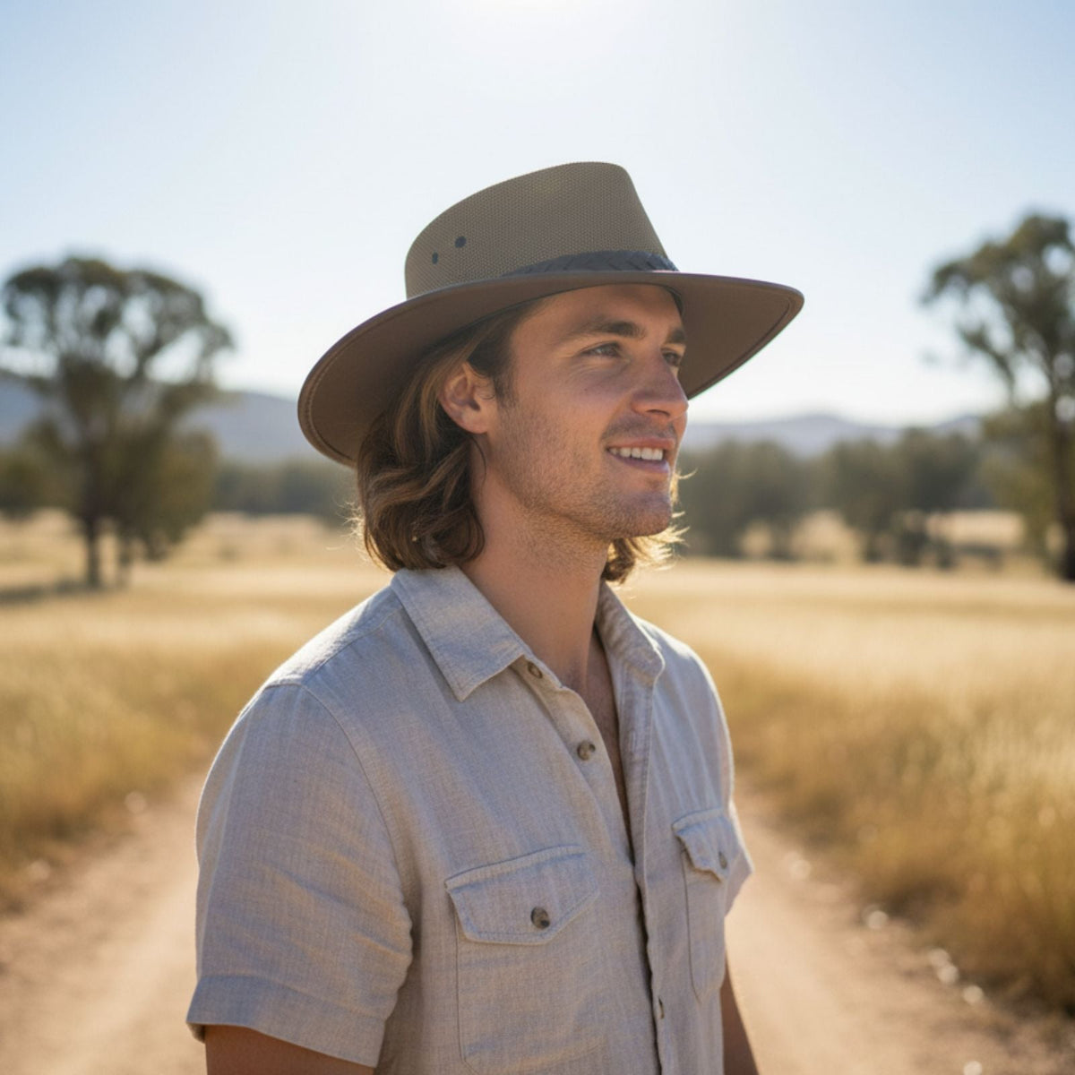 Jacaru 1102 Sunset Buffalo Leather Breeze Hat - Brown (Mesh Crown Water Resistant & UPF 50+ Made in Australia)