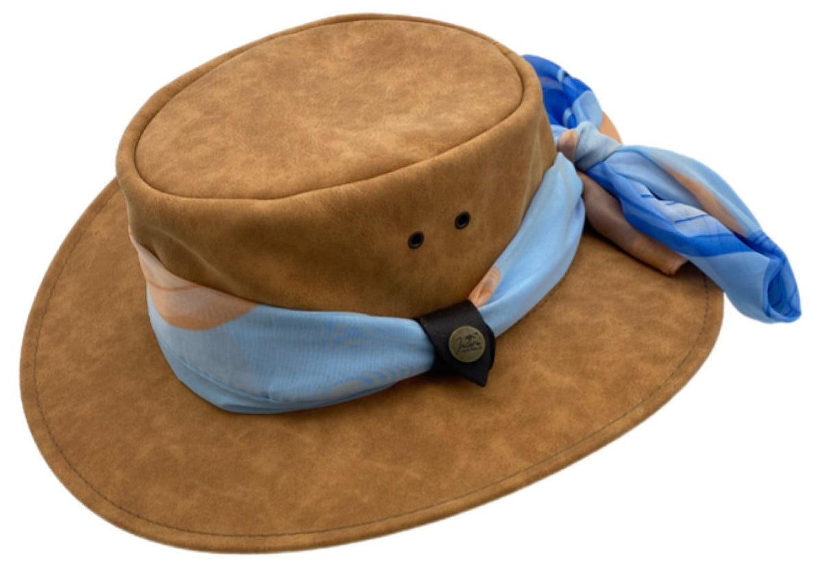 Jacaru 1103 Alice Womens Vegan Leather Hat with Scarf - Water Repellent & UPF 50+ (Made in Australia)