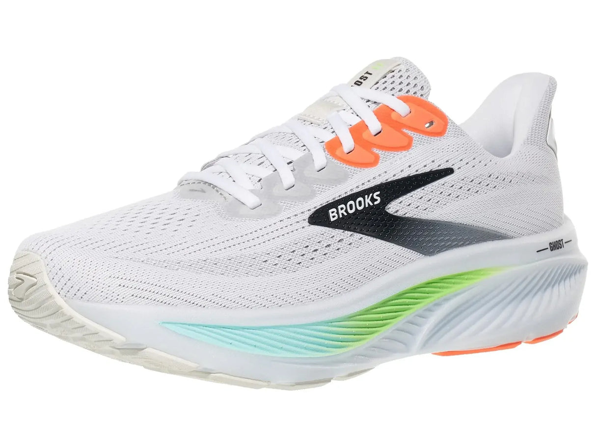 Brooks Ghost 17 Mens Running Shoes Neutral Cushion DNA Loft v3 in White/Pink Clay/Gecko