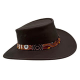 Jacaru 1107 Koori Womens Waxed Leather Hat - Brown (Aboriginal Art Hatband Water Resistant & UPF 50+ Made in Australia)