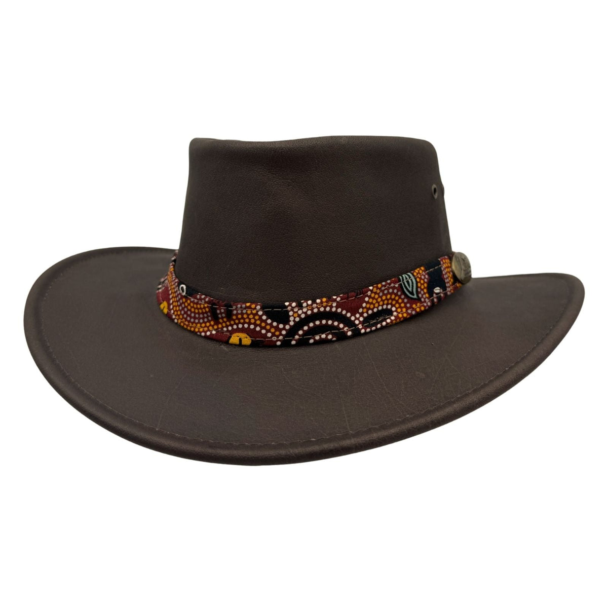 Jacaru 1107 Koori Womens Waxed Leather Hat - Brown (Aboriginal Art Hatband Water Resistant & UPF 50+ Made in Australia)