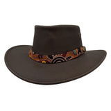 Jacaru 1107 Koori Womens Waxed Leather Hat - Brown (Aboriginal Art Hatband Water Resistant & UPF 50+ Made in Australia)