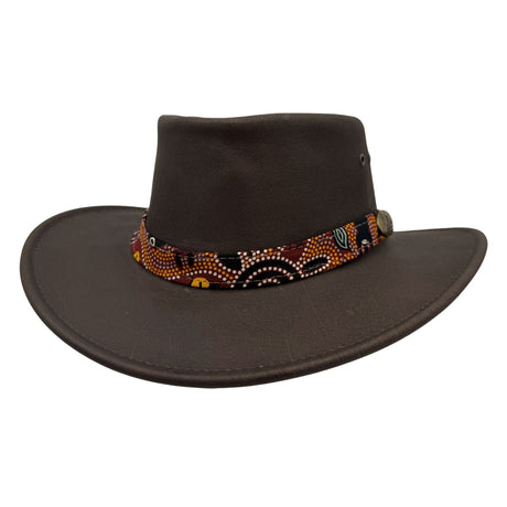 Jacaru 1107 Koori Womens Waxed Leather Hat - Brown (Aboriginal Art Hatband Water Resistant & UPF 50+ Made in Australia)