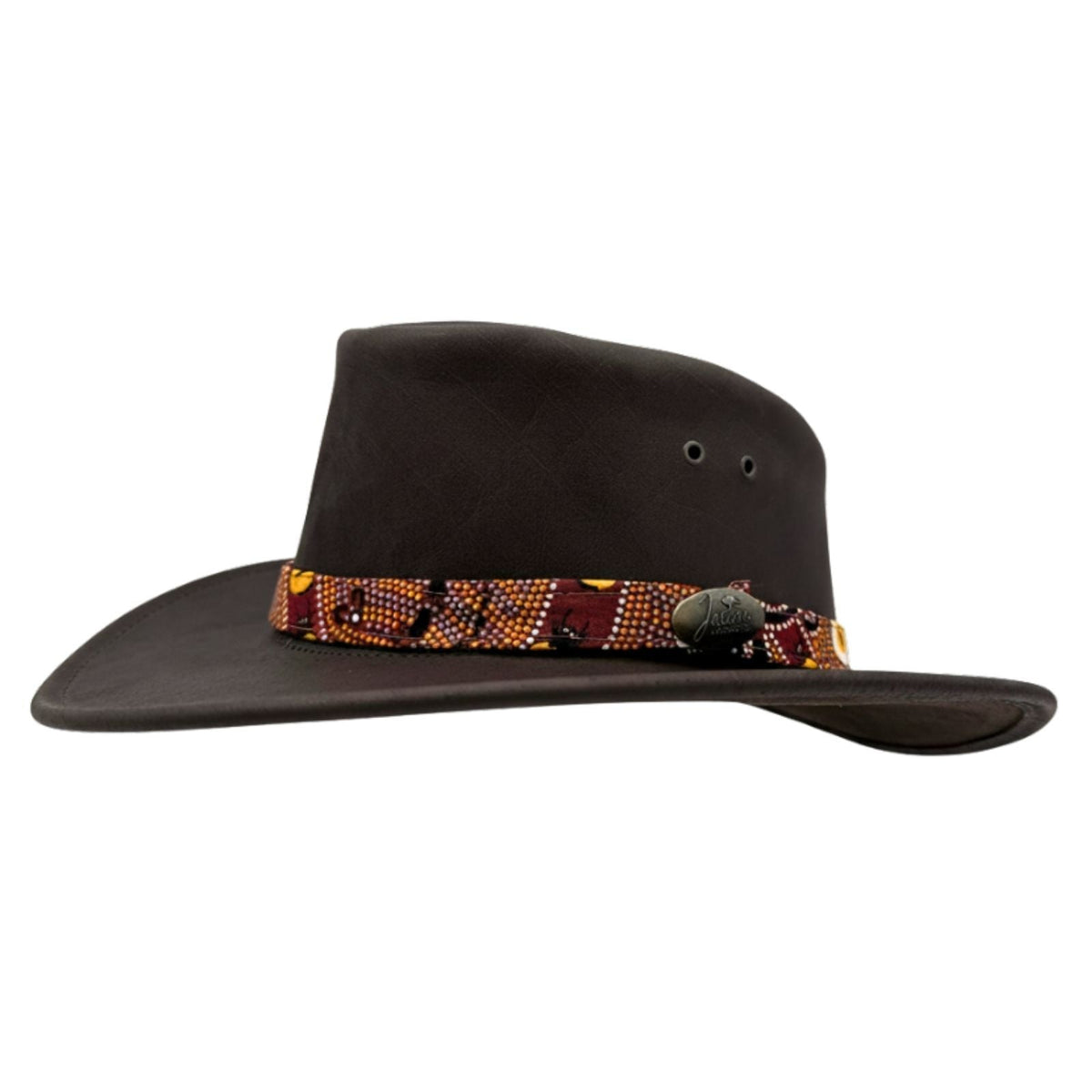 Jacaru 1107 Koori Womens Waxed Leather Hat - Brown (Aboriginal Art Hatband Water Resistant & UPF 50+ Made in Australia)