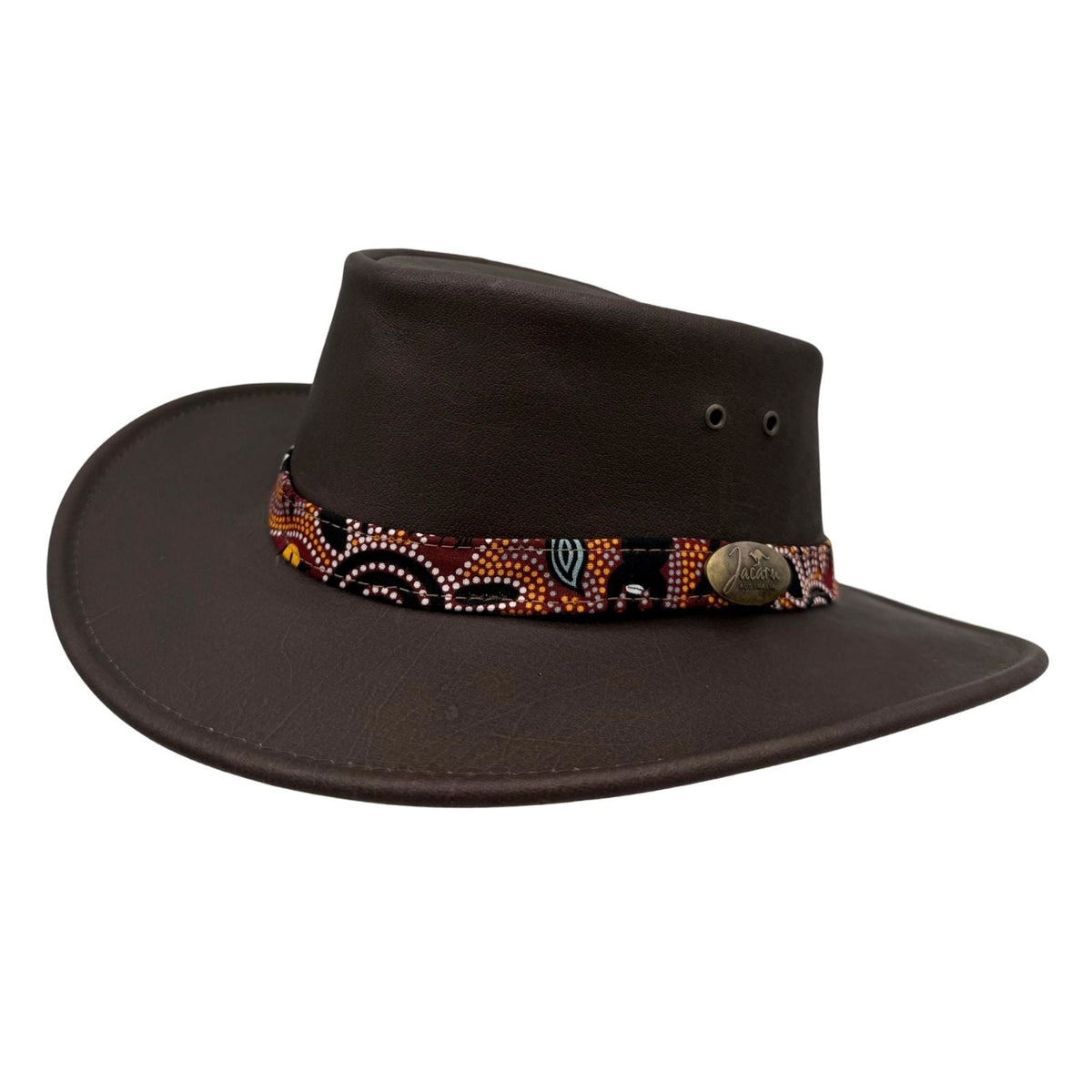Jacaru 1107 Koori Womens Waxed Leather Hat - Brown (Aboriginal Art Hatband Water Resistant & UPF 50+ Made in Australia)