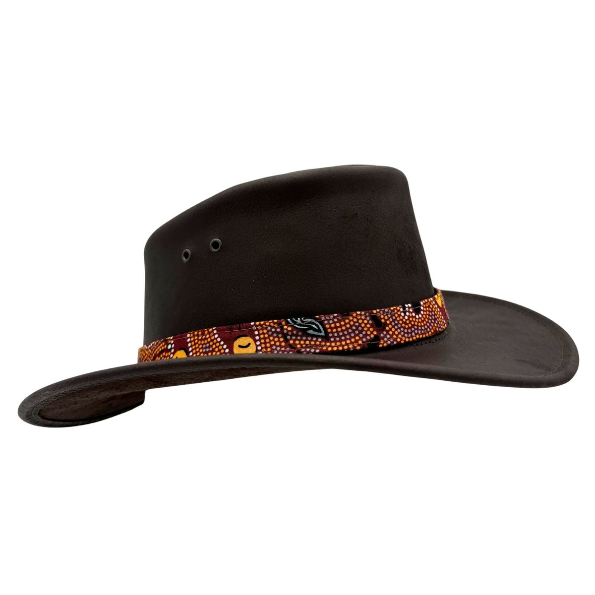Jacaru 1107 Koori Womens Waxed Leather Hat - Brown (Aboriginal Art Hatband Water Resistant & UPF 50+ Made in Australia)