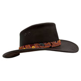 Jacaru 1107 Koori Womens Waxed Leather Hat - Brown (Aboriginal Art Hatband Water Resistant & UPF 50+ Made in Australia)