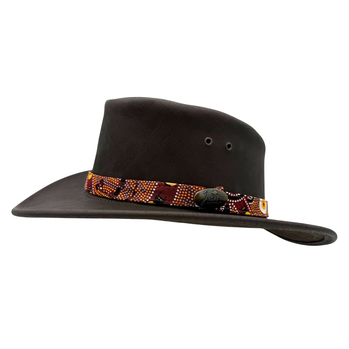 Jacaru 1107 Koori Womens Waxed Leather Hat - Brown (Aboriginal Art Hatband Water Resistant & UPF 50+ Made in Australia)