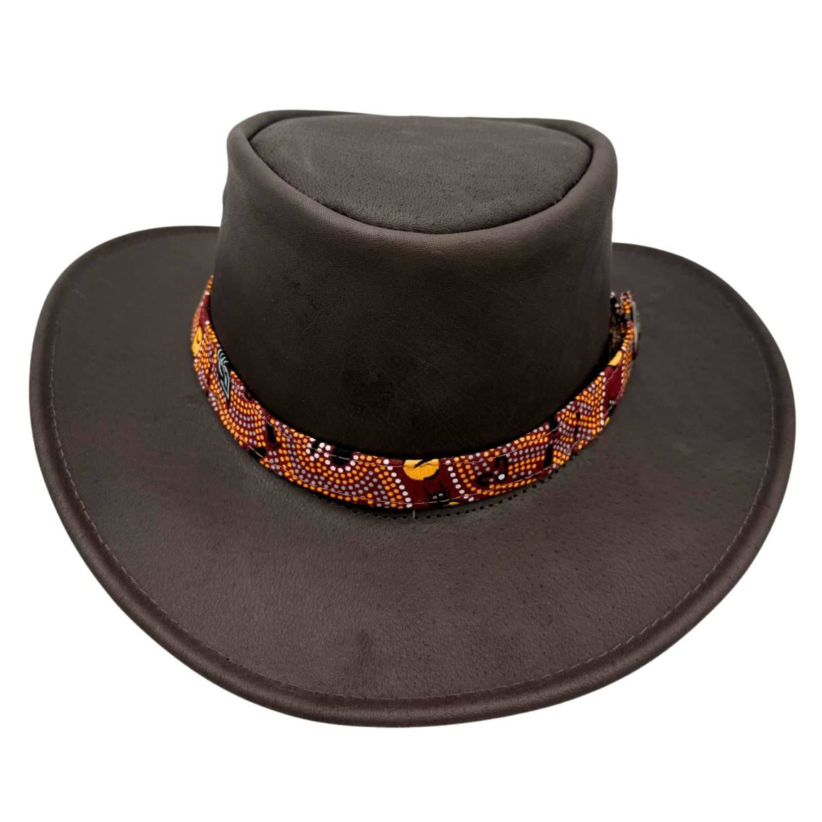 Jacaru 1107 Koori Womens Waxed Leather Hat - Brown (Aboriginal Art Hatband Water Resistant & UPF 50+ Made in Australia)
