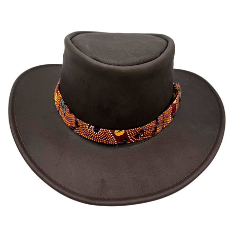 Jacaru 1107 Koori Womens Waxed Leather Hat - Brown (Aboriginal Art Hatband Water Resistant & UPF 50+ Made in Australia)
