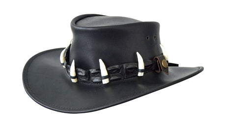 Jacaru 111 Dundee Croc Leather Hat - 9 Real Crocodile Teeth Hatband (Water Resistant UPF 50+ Made in Australia) - Black
