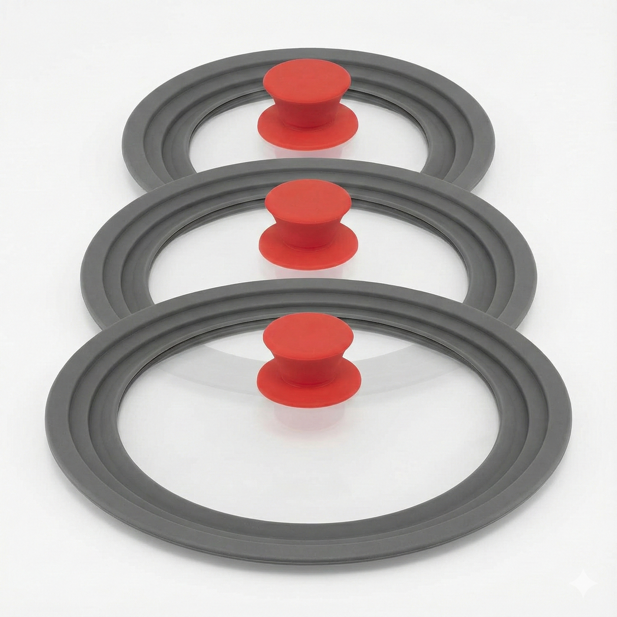 3pcs Set Pyrolux Universal Glass and Silicone Lid to Fit All Fry Pans in Red/Grey (3 Different Sizes)