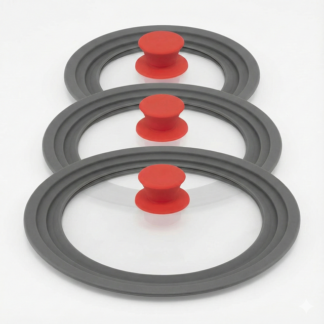 3pcs Set Pyrolux Universal Glass and Silicone Lid to Fit All Fry Pans in Red/Grey (3 Different Sizes)